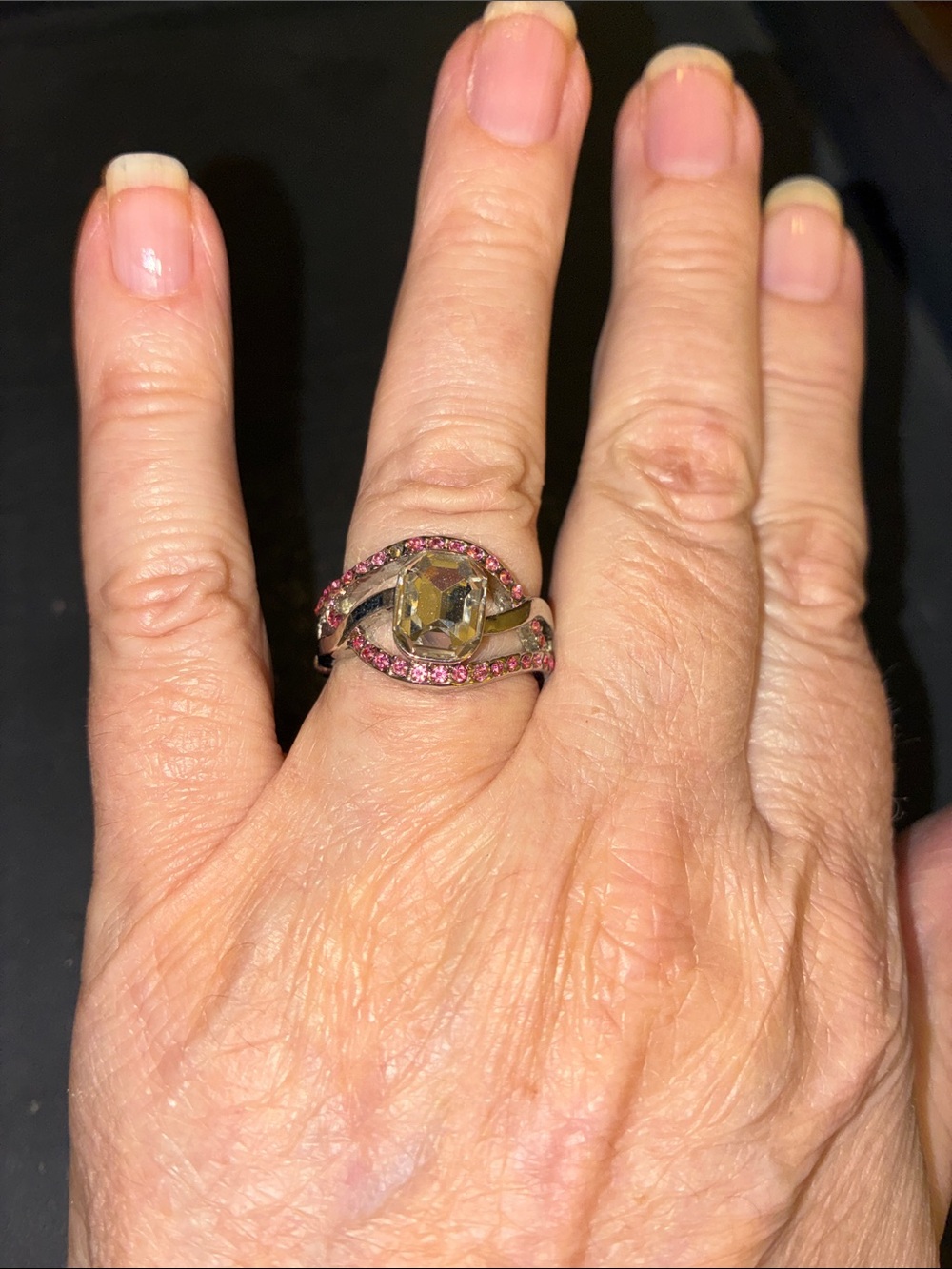 Pink Crystal Accent Stretch Ring with Champagne Center Stone